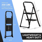 Lifetime Home 2-Step Ladder with Wide Anti-Slip Platform & Thick Rubber Feet - Lightweight Heavy Duty Foldable & Portable - 330 lbs Capacity, Steel Frame, Rubber Handgrip, Folding Step Stool - Black