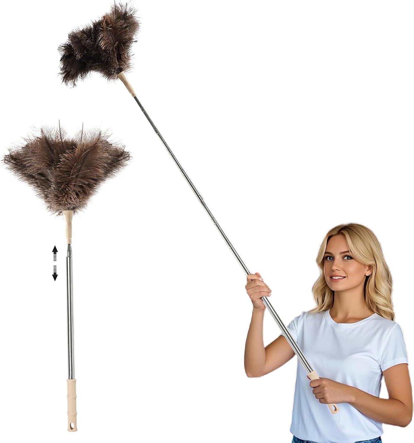 THARAHT Extendable Ostrich Feather Duster up to 27-94 inches Fluffy Feathers Long Handle Reusable for Cleaning Ceiling Fan Pendant lamp High Ceiling Blinds Furniture Feather Duster