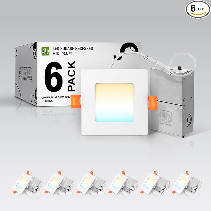 ASD 6 Pack LED Square Recessed Lighting 3 Inch, 5 CCT 2700K-5000K CRI90+, 6W 30W Eqv, Ultra Thin Dimmable Ceiling Lights with J Box, Canless Wafer Downlight, Slim Panel Light, UL Energy Star, White