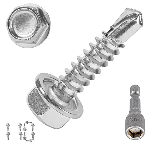 QSJ 110PCS #10 x 3/4'' Sheet Metal Screws 410 Stainless Steel Hex Washer Head Fast Self Tapping Screws with Screwdriver Bit Silver