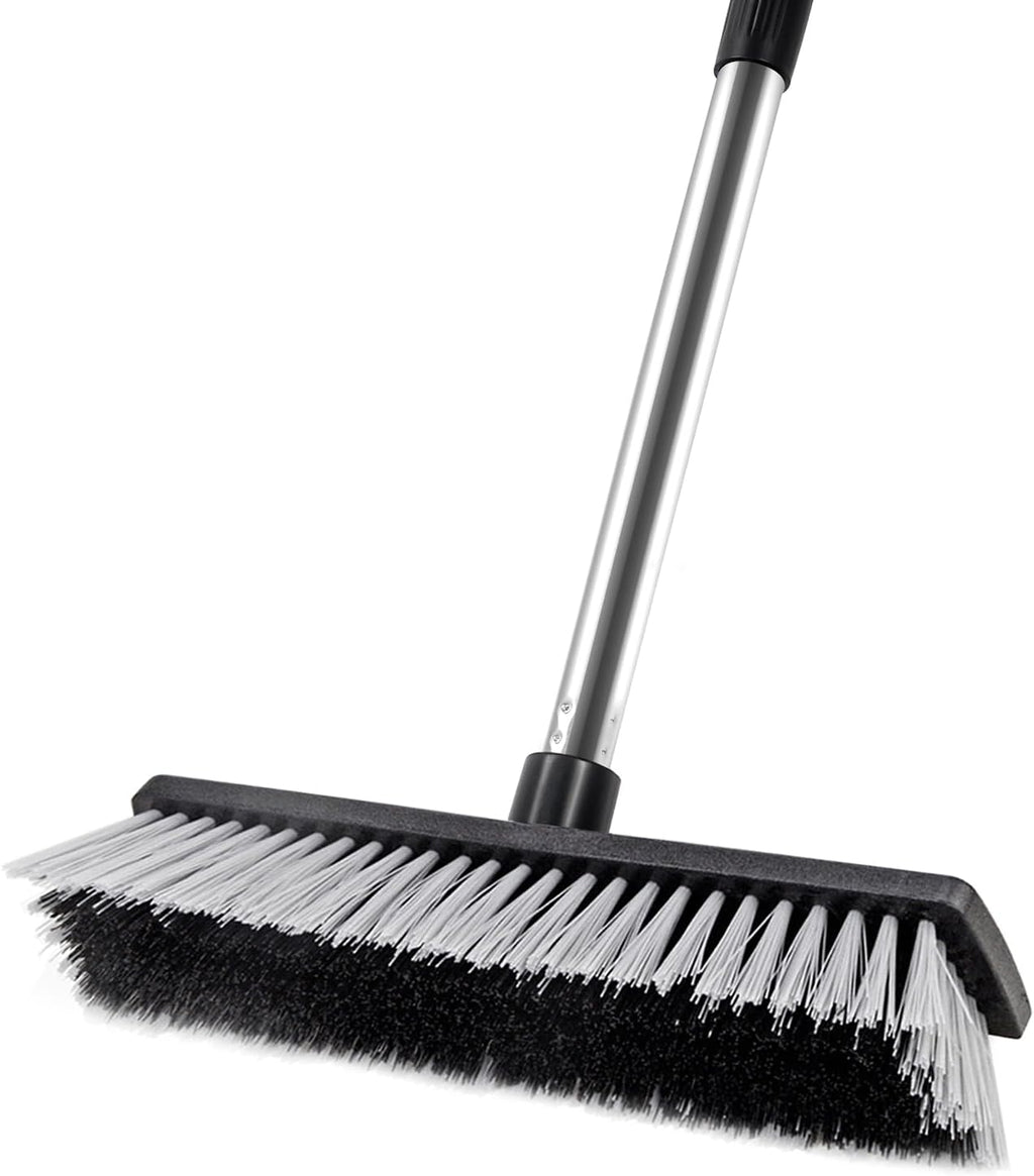LandHope Hard Bristle Deck Broom Adjustable Long Handle Scrub Brush Heavy Duty Concrete Push Broom Outdoor Brush Garage Broom Wood Large Floor Scrubber 28-52 inch Balcony -Multi Segment Handle