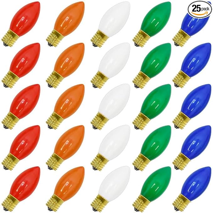 C9 Multicolor Christmas Replacement Bulbs 25 Pack - E17 Intermediate Base 7W for Outdoor/Indoor Party & Decor