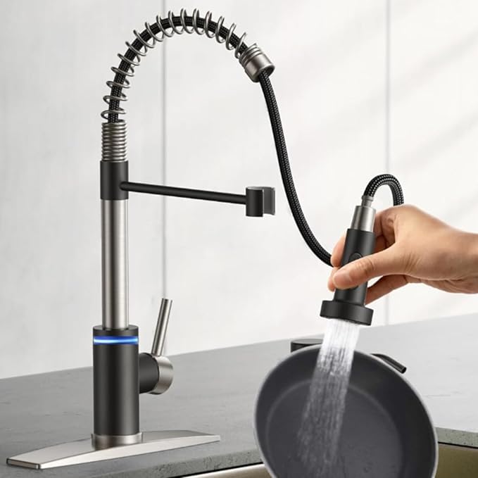 Smart Kitchen Faucet, 3 Modes Pull Down Sprayer, Touch On Sensor Activated, LED Temperature Control, 360-Degree Rotation,1 or 3 Hole Deck Plate. 10-Year Warranty. (KW-66NR, Brushed Nickel/Black)