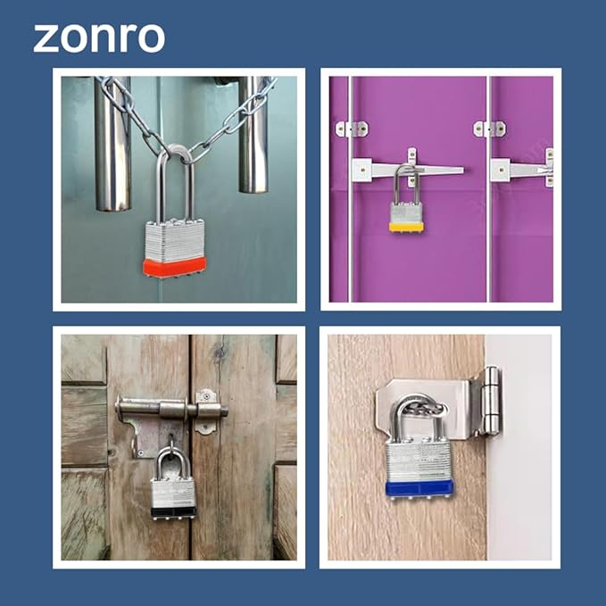 ZonRo Locks Laminated Steel Keyed Padlocks,Keyed Alike Locks, 1-9/16 inch Wide,Normal Shackle Padlocks, Pack of 24，Blue Hoop, for Hasp Latch, Sheds, Fences, Storage Locker, School, Gym…