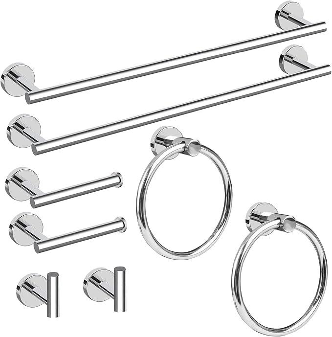Cilee 8 Piece Polished Chrome Bathroom Hardware Set, 24inch Bathroom Towel bar+Towel Ring+Toilet Paper Holder+ Robe Towel Hook, SUS304 Stainless Steel Bathroom Accessory Set