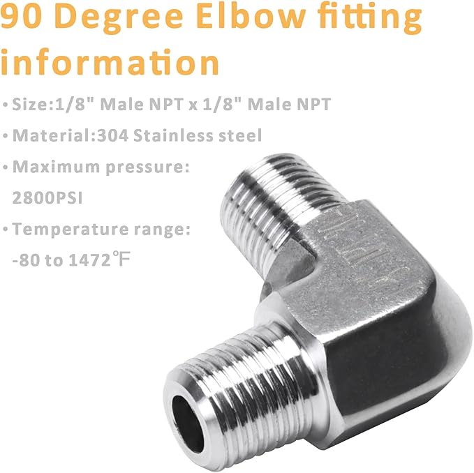 90 Degree Street Elbow - 1/8" NPT Male to 1/8" NPT Male Stainless Steel 304 Heavy Duty Forged Barstock Street Elbow Adapter Pipe Fitting (pack of 2)