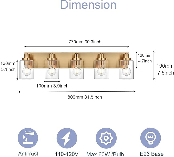 5 Light Bathroom Vanity Lights Brushed Nickel Bathroom Lighting Fixtures Over Mirror with Clear Glass Shades, Modern Industrial Wall Sconces Vanity Lighting Fixture for Bedroom Living Room