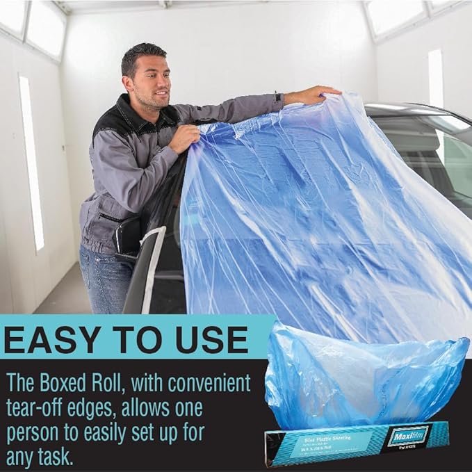 MAXIFILM 20ft x 250ft Roll of Blue Overspray Paintable Masking Plastic Sheeting -8 Micron, 0.3 Mil, Protective Masking Film Cover, Auto Painting, Cover Cloth Home Walls Furniture (1, 20ft x 250ft)