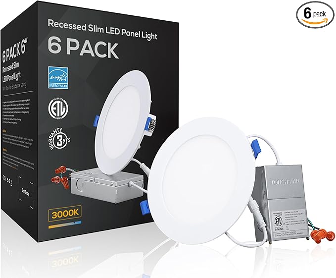 TORCHSTAR 6 Inch Slim LED Recessed Lighting with Junction Box, CRI90 Aluminum Dimmable 12W Ultra-Thin Recessed Light, 3000K Warm White, 1100LM Basic Series LED Downlight, ETL & FCC, Pack of 6