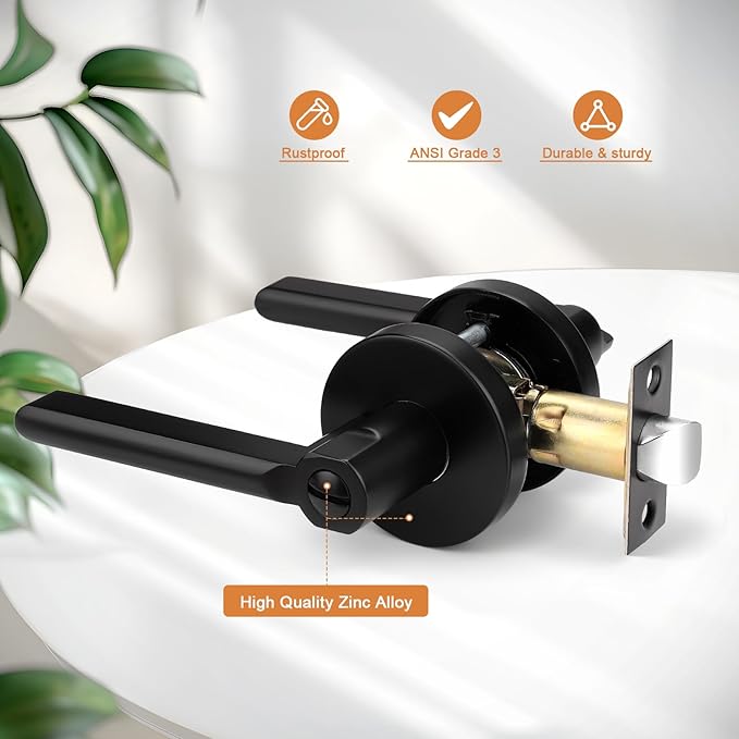 Probrico Privacy Door Handles for Bedroom and Bathroom Black Interior Door Handles, Keyless Privacy Door Lever Reversible, 5 Pack