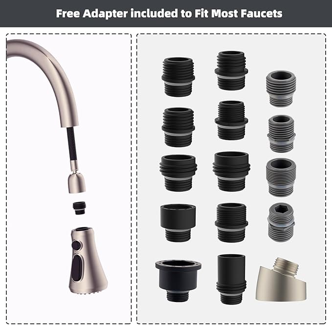 Hibbent Pull Down Spray Head for Kitchen Faucet, NSF/ANSI/CAN 61 & CUPC Certified 3-Function Spray Nozzle, 15 Adapters, Sink Faucet Head Replacement Compatible with Moen, Delta, Kohler, Brushed Nickel