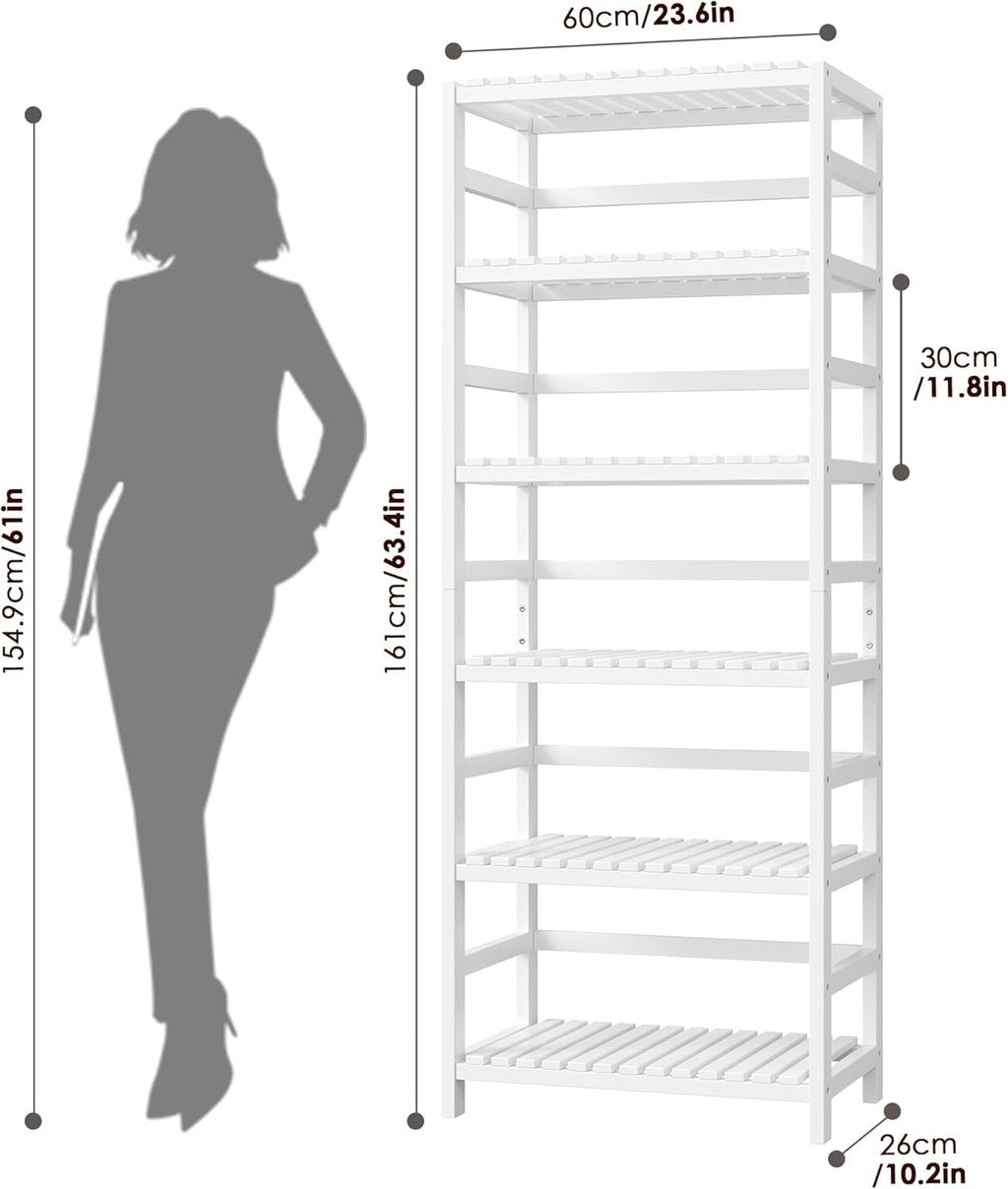 FOTOSOK 6-Tier Bamboo Shelf Set of 2, Bamboo Bookcase with Adjustable Shelves, Free Standing Storage Shelf Unit Plant Flower Stand, Tall Large White Bookshelf for Kitchen, Bathroom, Home Office, White