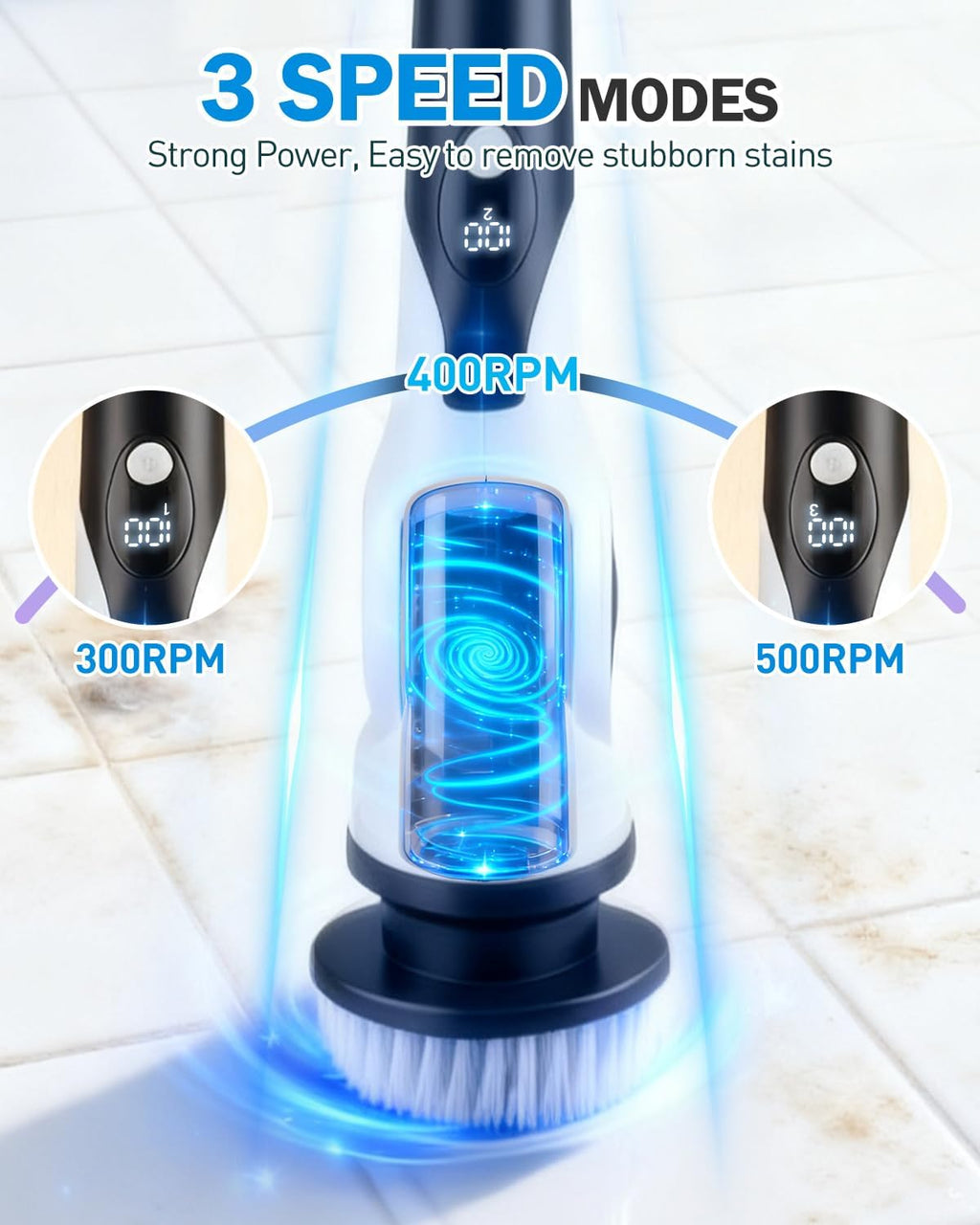 Electric Spin Scrubber with 10 Replaceable Brush Heads, IPX7 Waterproof Shower Scrubber with Long Handle, 3-Speed Adjustable Cleaning Supplies with Rotating Cleaning Brush