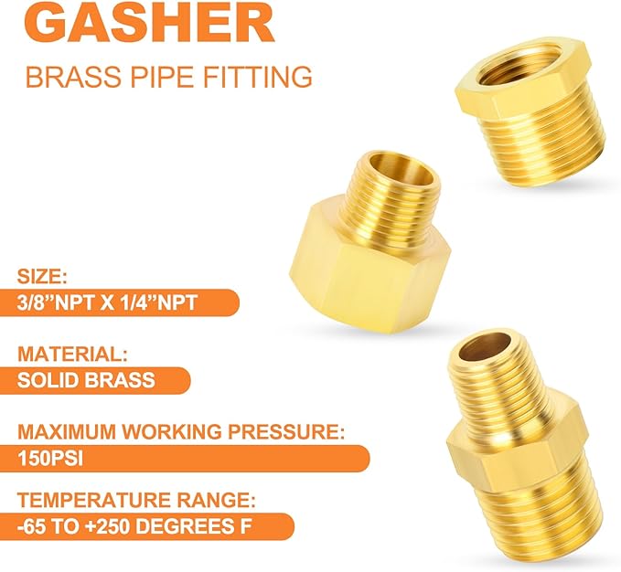 GASHER 6PCS Brass Pipe Fitting, Hex Bushing, Reducer Adapter, Reducing Hex Nipple 3/8 Inch NPT x 1/4 Inch NPT