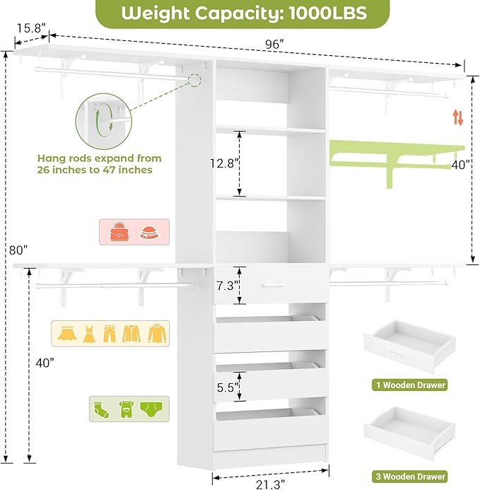 Aheaplus Closet System with Drawers, Wood Closet Organizer System with 4 Hanging Rods & Top Shelves, Walk-in Closets Organizer Wardrobe Clothes Rack System, Cut Fits Spaces 4-9FT. Wide, White
