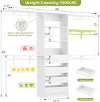 Aheaplus Closet System with Drawers, Wood Closet Organizer System with 4 Hanging Rods & Top Shelves, Walk-in Closets Organizer Wardrobe Clothes Rack System, Cut Fits Spaces 4-9FT. Wide, White