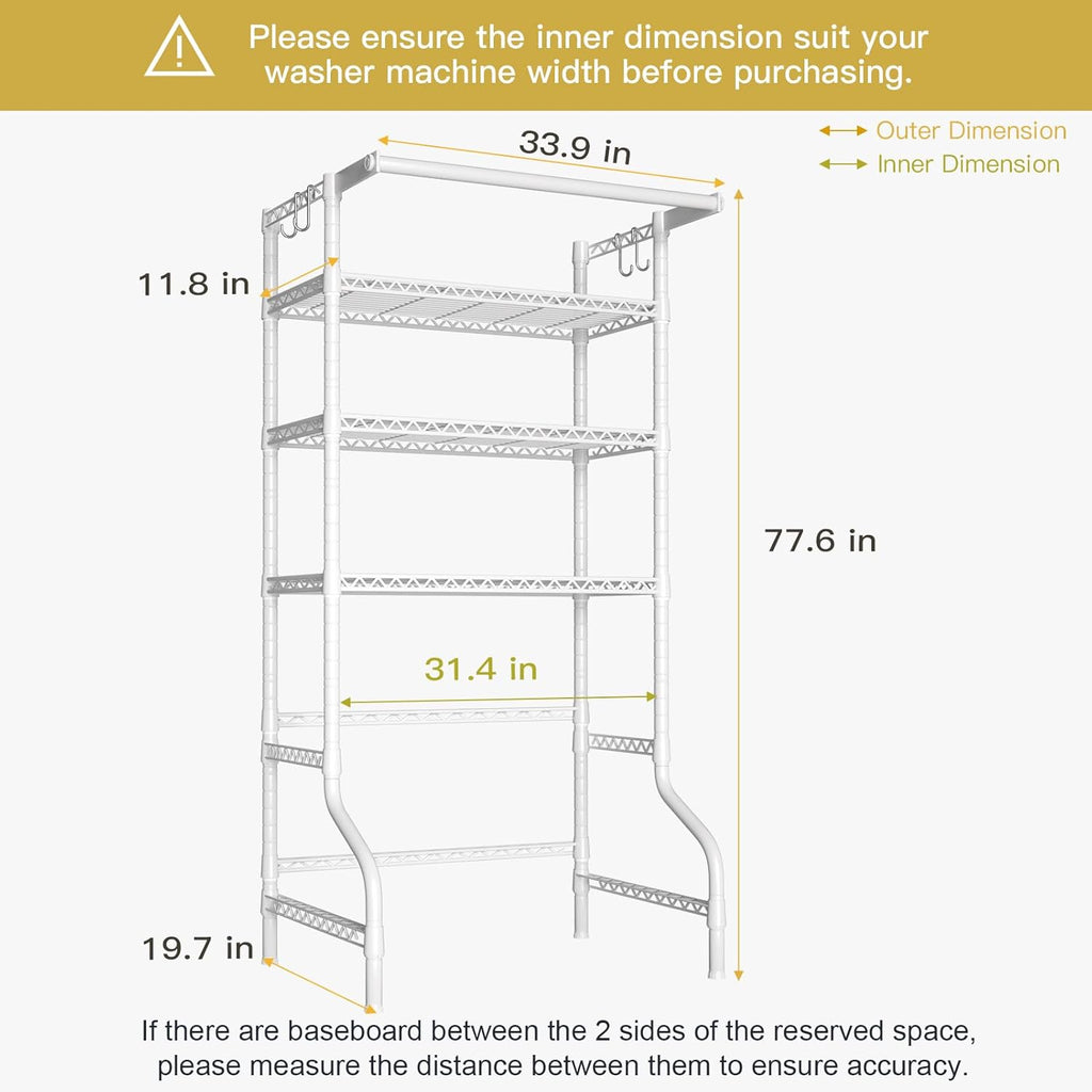 Ulif U11 Over Washer and Dryer Shelves, 3 Tiers Laundry Room Storage and Organizer Standing Shelf, Metal Freestanding Clothes Drying Rack, 33.9" W x 19.7" D x 77.6" H, White