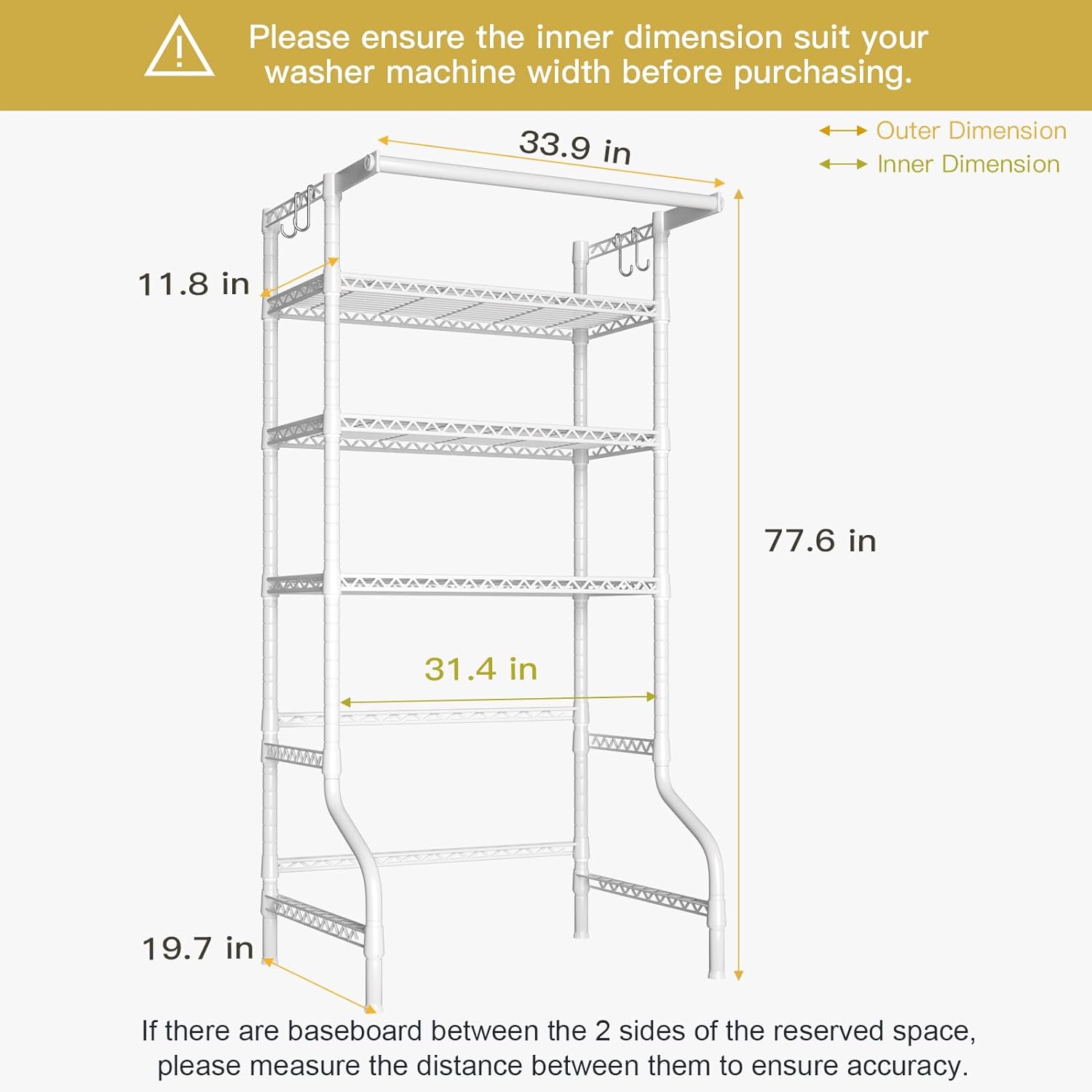 Ulif U11 Over Washer and Dryer Shelves, 3 Tiers Laundry Room Storage and Organizer Standing Shelf, Metal Freestanding Clothes Drying Rack, 33.9" W x 19.7" D x 77.6" H, White