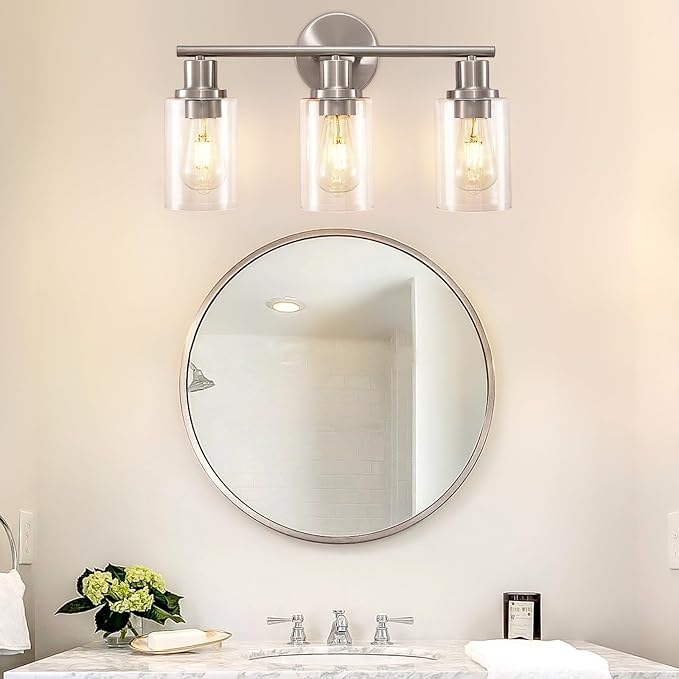 DLLT 3-Light Bathroom Light Fixtures: Nickel Modern Vanity Lights with E26 Bulbs - Clear Glass Shade Bathroom Wall Lamp for Mirror Kitchen Living Room - 2 Packs