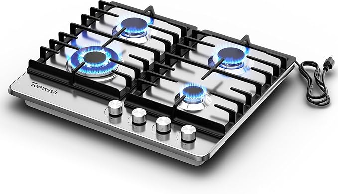 24 Inch Gas Cooktop, Propane Stove Top with 4 ITALY SABAF Sealed Burners 27,400 BTU, NG/LPG Convertible Built-in Stainless Steel Stovetop with Thermocouple Protection for Rvs Kitchen Outdoor