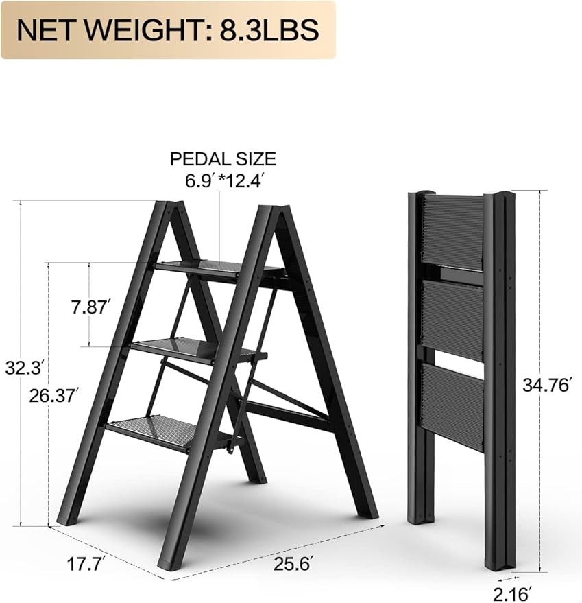 GameGem 3 Step Ladder, Aluminum Folding Step Stool with Anti-Slip Sturdy and Wide Pedal, Lightweight Portable Stepladder for Home and Kitchen Use Space Saving, Black, 330 lbs