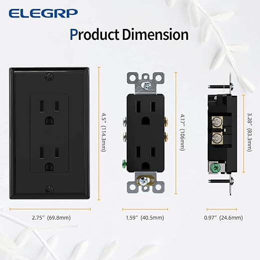 ELEGRP Decorator Receptacle, 15A 125V Standard Electrical Wall Outlet, 2 Pole 3 Wire, Non-Tamper Resistant, NEMA 5-15R, Self-Grounding Residential Grade, w/Wall Plate, UL (Glossy Black, 20 Pack)