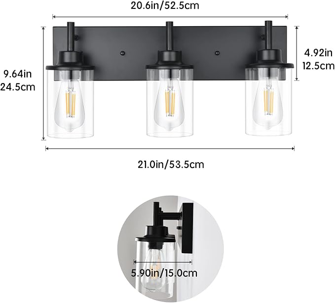 GoYeel Vanity Lighting Fixtures, Matte Black Bathroom Light Fixtures 3-Light Black Wall Sconce with Clear Glass Lampshade for Bedroom Hallway Living Room Kitchen