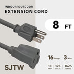 8ft Outdoor Extension Cord for Christmas Decorations- 16/3 Heavy Duty SJTW Waterproof Gray Electrical Cable with 3 Prong Grounded Plug for Safety, Great for Lawn and Major Appliances