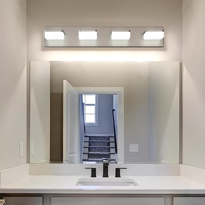 LED Vanity Light Fixture for Bathroom, 4-Light Brushed Nickel Bathroom Light Over Mirror, Modern Vanity Lighting Wall Light Fixtures