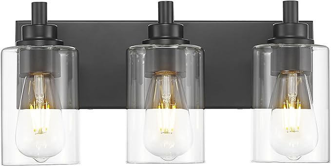 3-Light Bathroom Light Fixtures, Black Vanity Light with Cylinder Clear Glass Shade, Modern Vanity Lighting Fixtures Over Mirror, VL143-MB-3