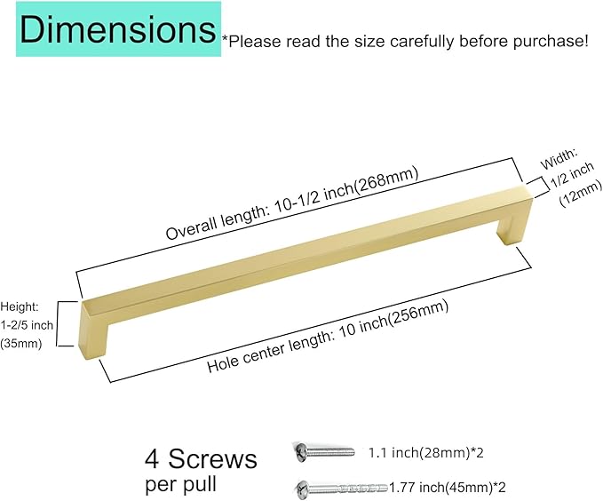 10 Pack 10 Inch Hole Center Gold Square Kitchen Cabinet Pulls Stainless Steel Brushed Gold Cabinet Handles Drawer Handles Dresser Hardware