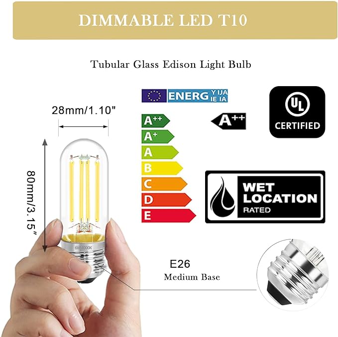3.2 Inch 4000K Neutral White E26 LED Bulb 60 Watt Equal, AC 120V 600LM Edison Bulbs Dimmable, 6W T10 Tubular Filament Light Bulbs Clear Glass for Fan Pendant Wall Light, UL Listed-4 Pack