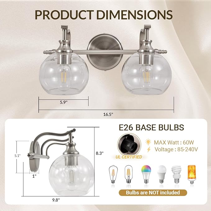 ANDY STAR Brushed Nickel Bathroom Light Fixture, 2 Light Bathroom Vanity Light, Farmhouse Silver Wall Sconce, Anti-Rust Wall Lamp with Sturdy Metal Lamp Body for Bedroom, Living Room, Restroom