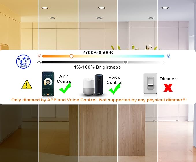 [6 Pack] CLOUDY BAY 6inch Smart WiFi LED Recessed Lights,RGB Color Changing Recessed Lighting,Compatible with Alexa and Google Home Assistant,15W 2700K-6500K,CRI90+ Wet Location,Oil Rubbed Bronze