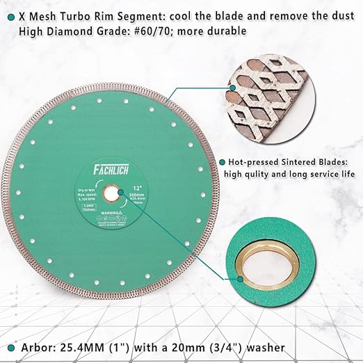 Diamond Porcelain Saw Blade - 12" Tile Blade 300MM Ceramic Cutting Disc with X Teeth Turbo Mesh Rim,for Ceramic Tile Porcelain Granite Marbles
