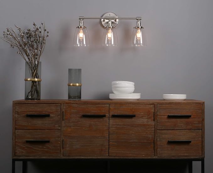 Phansthy 3-Light Wall Sconces Antique Brass Vanity Light, Industrial Wall Lamps with On Off Switch and Clear Glass Lampshade, Vintage Wall Lighting for Bathroom Living Room (Brushed, Bell Shade)