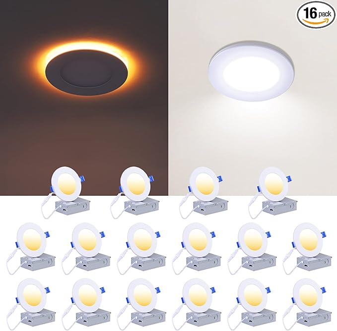 CycevSun 16 Pack 4 Inch LED Recessed Lights with Night Light - Canless Ultra Thin Wafer Downlight Soffit, Dimmable & 5 Color Temperature Selectable, 9W, ETL & Energy Star