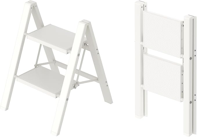 Taranta 2 Step Ladder,Aluminum Lightweight Folding 2 Step Stool with Anti-Slip Wide Pedal, 330lbs Capacity Step Ladder for Household,Kitchen,Office - White