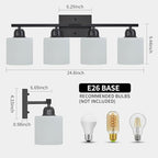 4-Light Black Bathroom Vanity Light, Light Fixtures with Milky White Frosted Glass Shades, Black Vanity Light for Bathroom Mirror, Bedroom, Living Room, Vanity Table, E26 Base