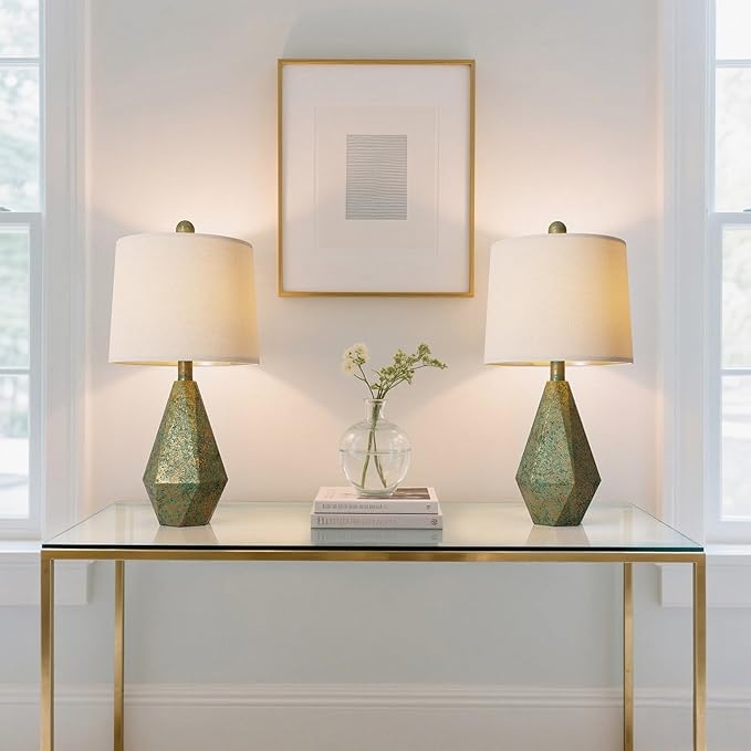 PoKat 20.25" Vintage Table Lamps Set of 2 for Night Stands, Modern Bedside Lamps for Bedroom Living Room, Farmhouse Bedroom Lamps for End Table, Suitable for Small Place, Retro Blue and Green