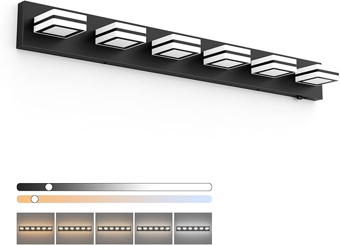 Ralbay 5 Color Temperature Black Bathroom Vanity Lights Fixtures Dimmable 40.4inch Acrylic Modern Matte Black Vanity Light for Bathroom 6 Lights