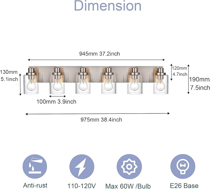 6 Light Vanity Light Brushed Nickel Bathroom Lighting Fixtures Over Mirror, Modern Bathroom Light with Clear Glass Shade, Farmhouse Vanity Lights