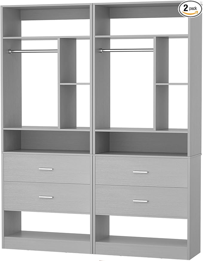4FT Closet System with 4 Wood Drawers, 48" Closet Organizer System with 10+ Small Shelves & 2 Hanging Rods, Walk-in/Nursery Closet Systems, Set of 2, Grey (48" L x 15" W x 80" H)