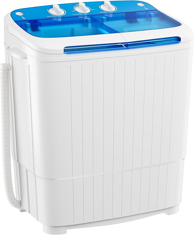 INTERGREAT Portable Washing Machine with Longer Hose, 16lbs Twin Tub Washer Mini Compact Laundry Washing Machine with Drain Pump, Semi-automatic Washer Combo for Dorms, Apartments, Blue