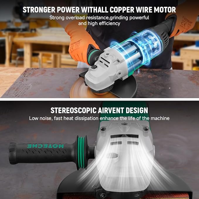 Hoteche 9-Inch Angle Grinder 4-HP Grinding and Cutting Tool Fits 7/8" Hole Size Wheels with Rotatable Handle and Lock-On Switch