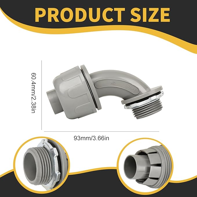 Conduit Connectors, 3/4 Inch Liquid Tight Connector NPT Non-Metallic for PVC Electrical Flexible Conduit Fittings, 90 Degree, UL Listed for Home Outdoor Tubes Tools, Grey (4-Pack)