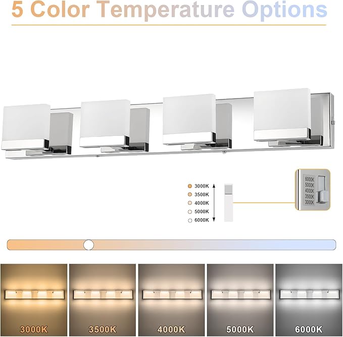 SineRise LED Modern Bathroom Vanity Light Fixtures (4-Light, 30-Inch, 5CCT), Chrome Modern Acrylic Bathroom Wall Lighting Fixtures Over Mirror (3000K/3500K/4000K/5000K/6000K)