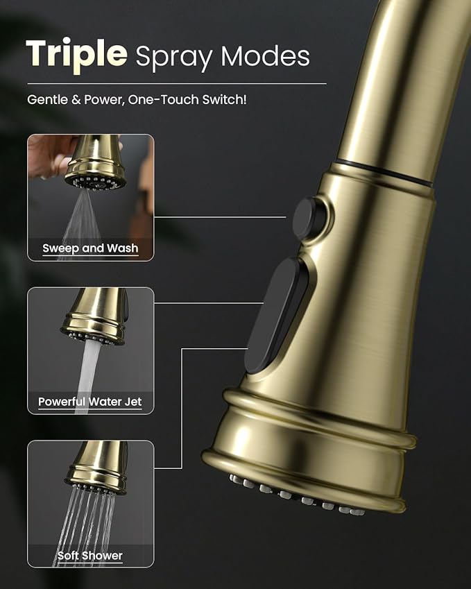 APPASO Gold Kitchen Faucet with Pull Down Sprayer, Antique Single Handle 1 Hole High Arc Pull Out Kitchen Sink Faucets