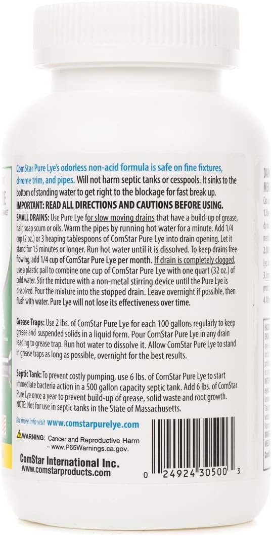 ComStar Pure Lye | 99% Pure Sodium Hydroxide Beads | Eco-Friendly, Industrial Strength, Biodegradable Drain Opener | Safe on Fixtures | Static-Free, Unique Beads for Soap Making | 1 lb. (30-500)