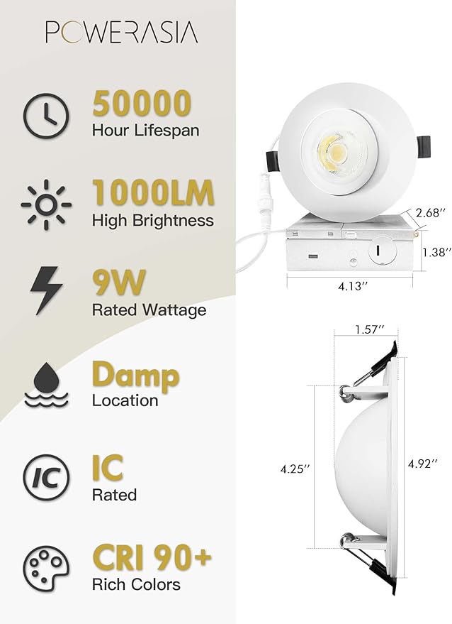 4 Pack 4 Inch Gimbal LED Recessed Lighting with Junction Box, 5CCT 2700K-6000K Selectable, 360°+90° Adjustable Directional Eyeball Light, 9W 1000LM Slim Canless Downlight - ETL and Energy Star